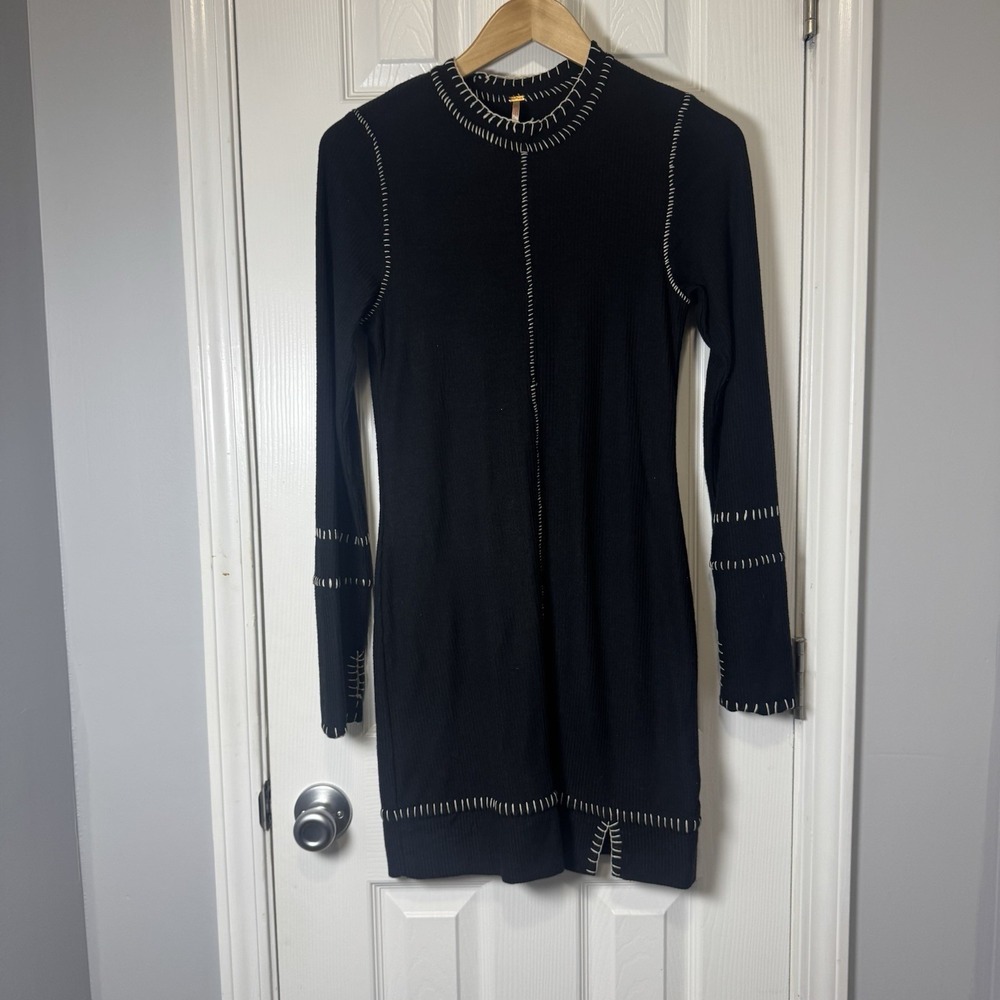 Free People Miranda Mini Dress Black Ribbed White Stitch Size Large Long Sleeve